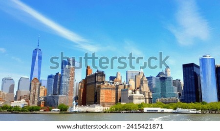 New York City Skyline over Battery Park from ferry.