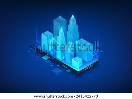 smartphone technology A mobile phone with a Smart City screen, showing a city that uses technology to manage and provide notifications via mobile phone. People access resource information. Isometric