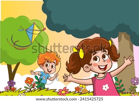 vector illustration of Kids Playing At Nature