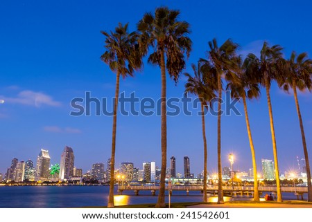 Skyline of San Diego and Palm Trees, California USA