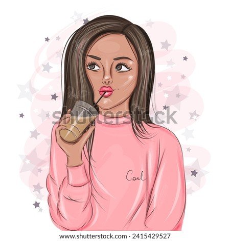 Fashionable girl drinking a cocktail from a tube in a pink sweatshirt vector illustration
