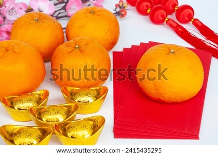 Side view of Mandarin oranges, golden ingot and other decoration. Chinese New Year celebration.