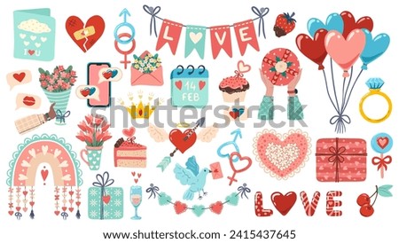 Set of illustrations for Valentine's day. Flat cartoon design of graphic elements. Clip arts for greeting card, invitation, print, sticker. Illustration for birthday, mother's day and woman's day.	