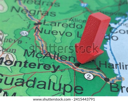 McAllen, Texas map marked by a red arrow. Royalty-Free Stock Photo #2415443791