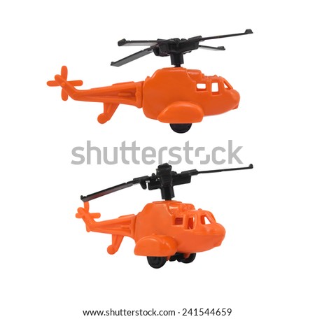 Helicopter toy. Isolated orange helicopter toy in different angles photo.