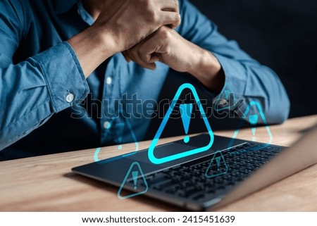 System warning caution sign for notification error and maintenance concept. cyber attack on computer network. Cybersecurity vulnerability, data breach, illegal connection, compromised information. Royalty-Free Stock Photo #2415451639