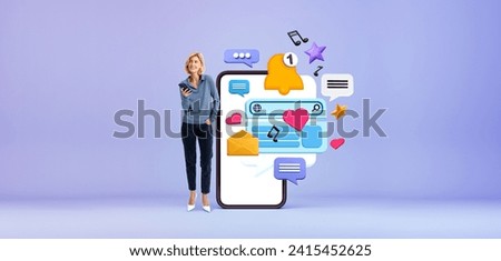 Happy blonde woman standing near mockup empty phone screen. Colorful cartoon social media and internet icons flying. Concept of online entertainment, mobile app and network