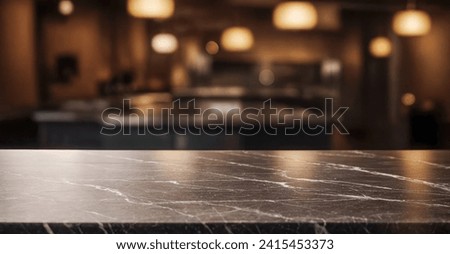Black marble bar counter top with empty space or product mockup. restaurant counter. Cafe, Coffee shop, Countertop, Backdrop, Templates, Products display kitchen or bar. product placement Royalty-Free Stock Photo #2415453373