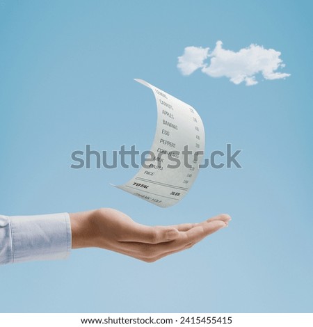 Woman showing a lightweight cheap grocery receipt: affordable prices, cheap shopping and budgeting concept