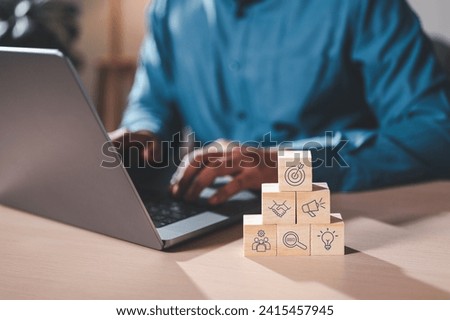 strategy, diagram, growth, investment, profit, target, stock, future, management, achievement. hand arranging wood block stacking with business strategy and action plan, targeting the business.