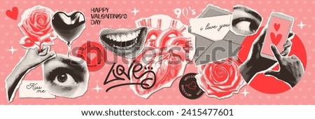 Y2k Collage grunge stickers for Valentine's day with lovely stickers in halftone style . Vintage dotted punk collage elements of lips, eyes, paper and online letters on retro poster. Vector