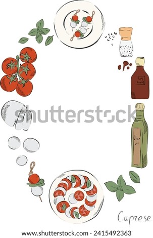 Graphic tomatoes and olives hand drawn vector poster illustration. Print with Ingredients for Italian restaurant or mediterranean food menu. Caprese salad with food clip art. Italian appetize in color