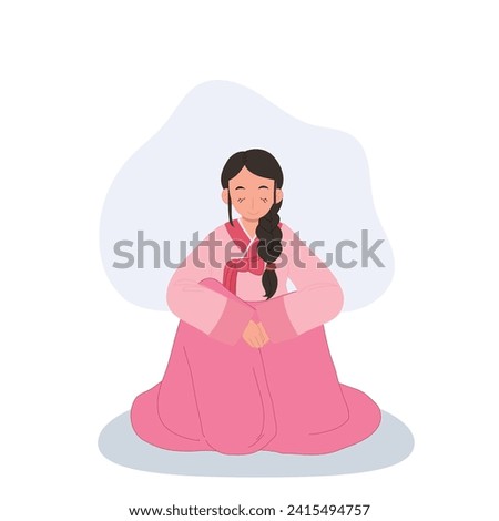 Respectful Gesture.Young Woman in Korean Hanbok, Embracing Tradition. Traditional Greeting