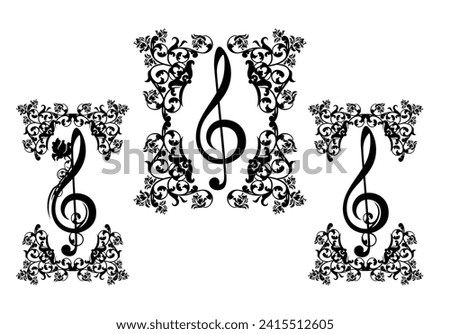 elegant calligraphic floral ornament forming vignette frame for treble clef with rose flower -  black and white vector decorative set for classical music design