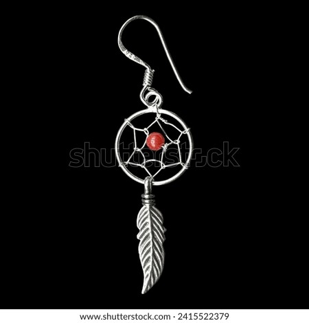 Silver earring with feathers. Indian style jewelry. Dream catcher.