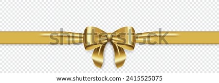 Satin decorative golden bow with horizontal yellow ribbon. Realistic gold bow for decoration design. Element for decoration gifts, greetings, holidays