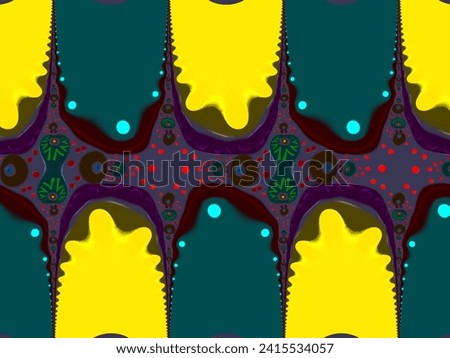 A hand drawing pattern made of dark yellow green red and purple on a dark background