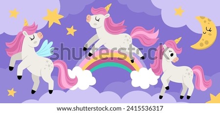 Vector purple background with unicorns, rainbow, clouds, stars. Magic or fantasy world scene. Fairytale horizontal landscape for card, social media post. Cute horse illustration for kids 

