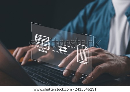 File Transfer Protocol files receiver and computer, transfer data between folder, Backup data, Exchange of file on folder, Send document in internet, DMS. Virtual document loading to another folder. Royalty-Free Stock Photo #2415546231