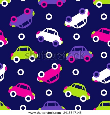 Dark fabric print with neon cars for boys and girls. Pink, lilac, white, acid green transport on dark blue background for nice children's seamless pattern. Cartoon vehicles for cute nursery wallpaper.