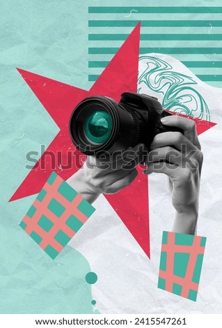 Making Pictures Creative Concept Art Collage. Abstract Background. Unique Design. Photocamera In Hands. Artwork Vertical Poster. Printable Art. Royalty-Free Stock Photo #2415547261