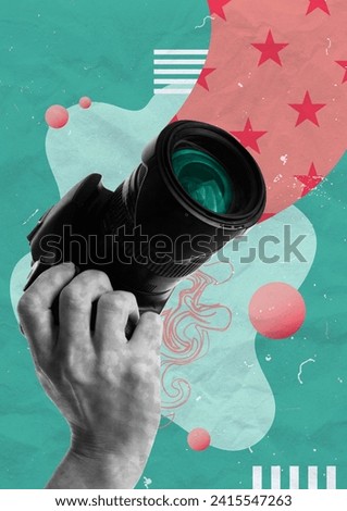 Making Pictures Creative Concept Art Collage. Abstract Background. Unique Design. Photocamera In Hands. Artwork Vertical Poster. Printable Art. Royalty-Free Stock Photo #2415547263