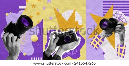 Making Pictures Creative Concept Art Collage. Abstract Background. Unique Design. Photocamera In Hands. Artwork Vertical Poster. Printable Art. Royalty-Free Stock Photo #2415547265