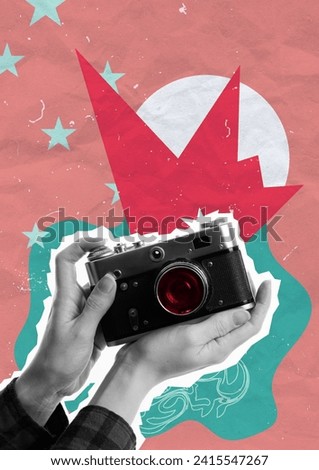 Making Pictures Creative Concept Art Collage. Abstract Background. Unique Design. Photocamera In Hands. Artwork Vertical Poster. Printable Art. Royalty-Free Stock Photo #2415547267