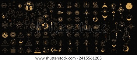 Collection of celestial and occult vector icons featuring moons, stars, and mystical symbols on a dark background. Celestial and Occult Vector Icons Set. Black and gold colors. Royalty-Free Stock Photo #2415561205