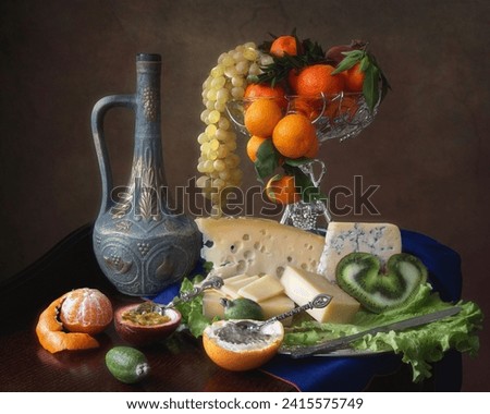 Still life with cheese and fruits Royalty-Free Stock Photo #2415575749