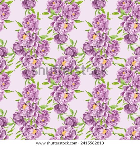 Seamless watercolor pattern with purple peonies. Home textiles. Spring. Interior. Pattern for fabric. Floral background. Watercolor tender pink peonies. Summer. Gift paper. Romance.