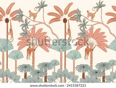 Jungle animals, Monkey and trees isolated. Vector.