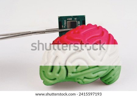 On a white background, a model of the brain with a picture of a flag - Hungary,a microcircuit, a processor, is implanted into it. Close-up