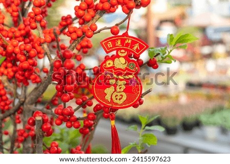 Lucky knot hanging on flower for Chinese new year greeting,upside Chinese word means good bless for money.below Chinese word translation:good luck