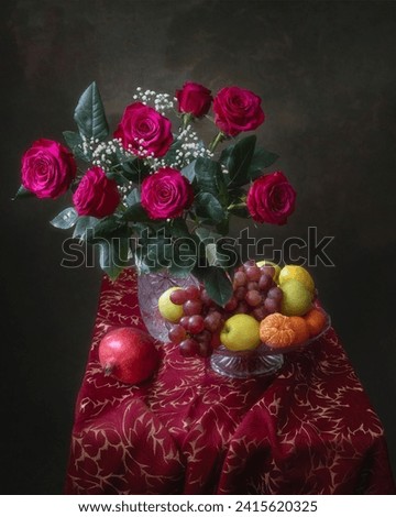Still life with bouquet of roses and fruits