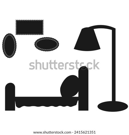 Vector graphics. Hotel business icon. On a white background there is a bed, a floor lamp, and paintings hanging on the wall.