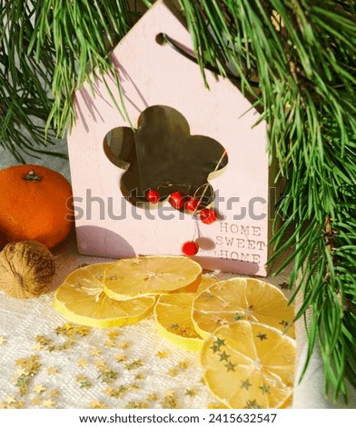 Romantic picture. Candlestick, red berries, dried lemon and Christmas tree branches.