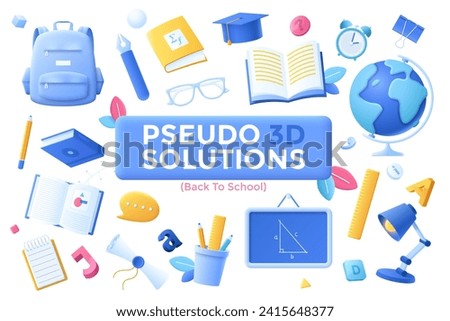 Back To School 3d cartoon solutions concept vector illustration set. Student supplies cartoon icons collection. Education and pupils learning items. Creative idea for website, mobile, presentation Royalty-Free Stock Photo #2415648377