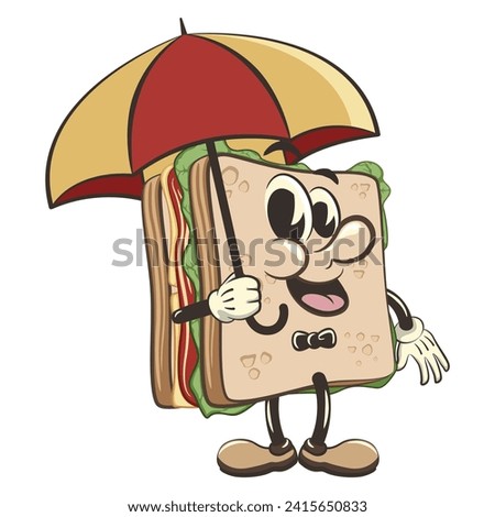 vector illustration of cute sandwich character mascot with umbrella, work of handmade