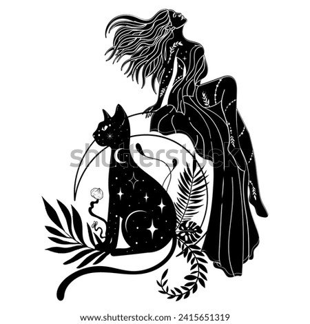 Mystical black cat. Moon, sun, grass, stars. Esoteric symbols, tattoo, logo.