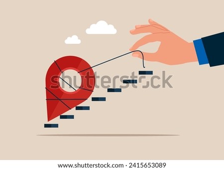Open company branches. Hand pulling heavy big location pin up stair case. Flat vector illustration