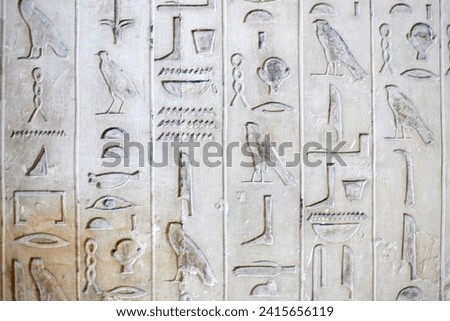 Vertical lines of hieroglyphic text from the pyramid of Unis containing parts of the oldest religious corpus in the world - the Pyramid Texts - Saqqara, Egypt