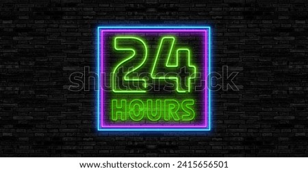 24 hours neon sign vector design template. 24 hours Open neon, light banner design element colorful modern design trend, night bright advertising, bright sign. Vector illustration
