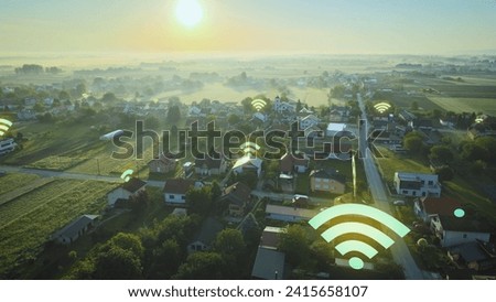  Infographic WIFI, Wireless Internet Connection Signal Over Residential American Houses At Sunrise