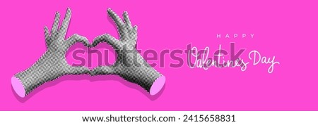 Modern collage. Halftone heart hands. Happy Valentines day banner. Trendy vintage newspaper body parts. Comic style hands. Heart shaped hands