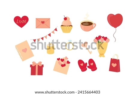 Valentine's day desserts and decors collection isolated on white background. Set of Gifts, cup, cupcake, bouquet, candle, love letters, key, diary, balloon, diamond ring. Vector illustration. 
