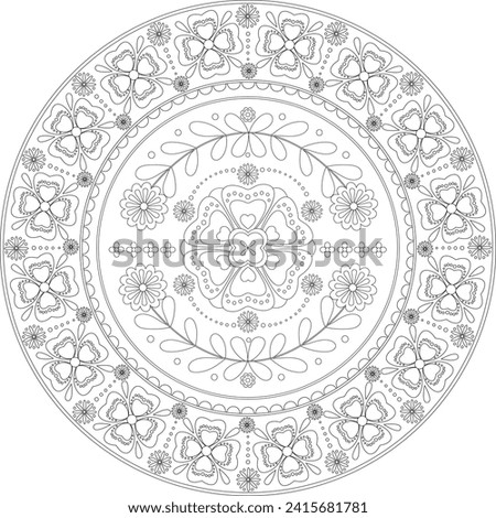 Embroidery floral mandala template,coloring page.Ornamental round doodle illustration, Black outline floral mandala,Linear Folk art
