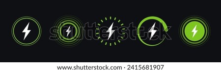 Wireless charger icons. Wireless charging battery. Battery charge sign with lightning and waves. Electromagnetic charger icons. Vector illustration. Royalty-Free Stock Photo #2415681907