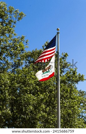 The American and the California state flags at the Andrew Molera State Park on the Big Sur coast of California, United States.