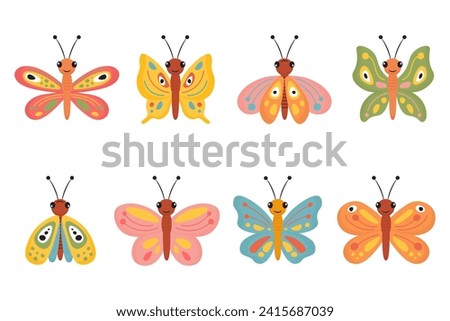 Cute spring funny butterfly clip art, colorful icons, vector illustration. Collection of butterfly in cartoon hand drawn style on white background for cards, posters, tags, cloth printing.
